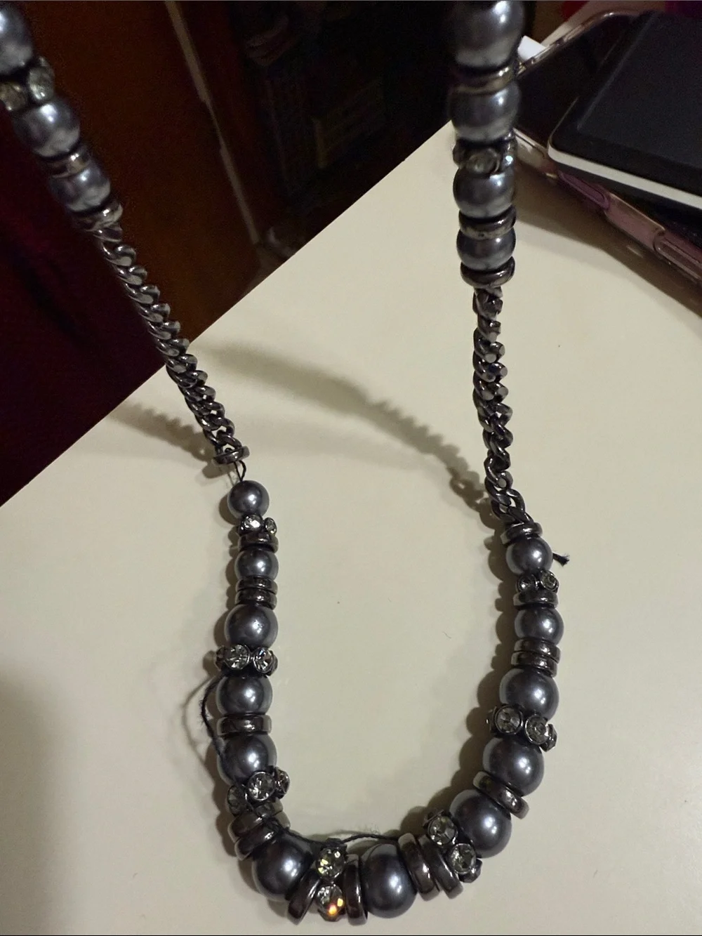 Vintage Givenchy Ruthenium Faux Gray Pearl Rhinestone Couture Statement Necklace